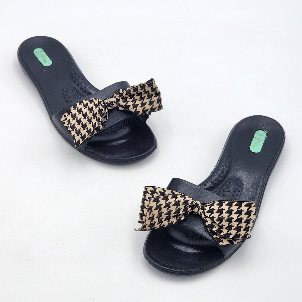 OKA-B Madison Bow Slide Sandals Houndstooth Black Women's Size M 7-8